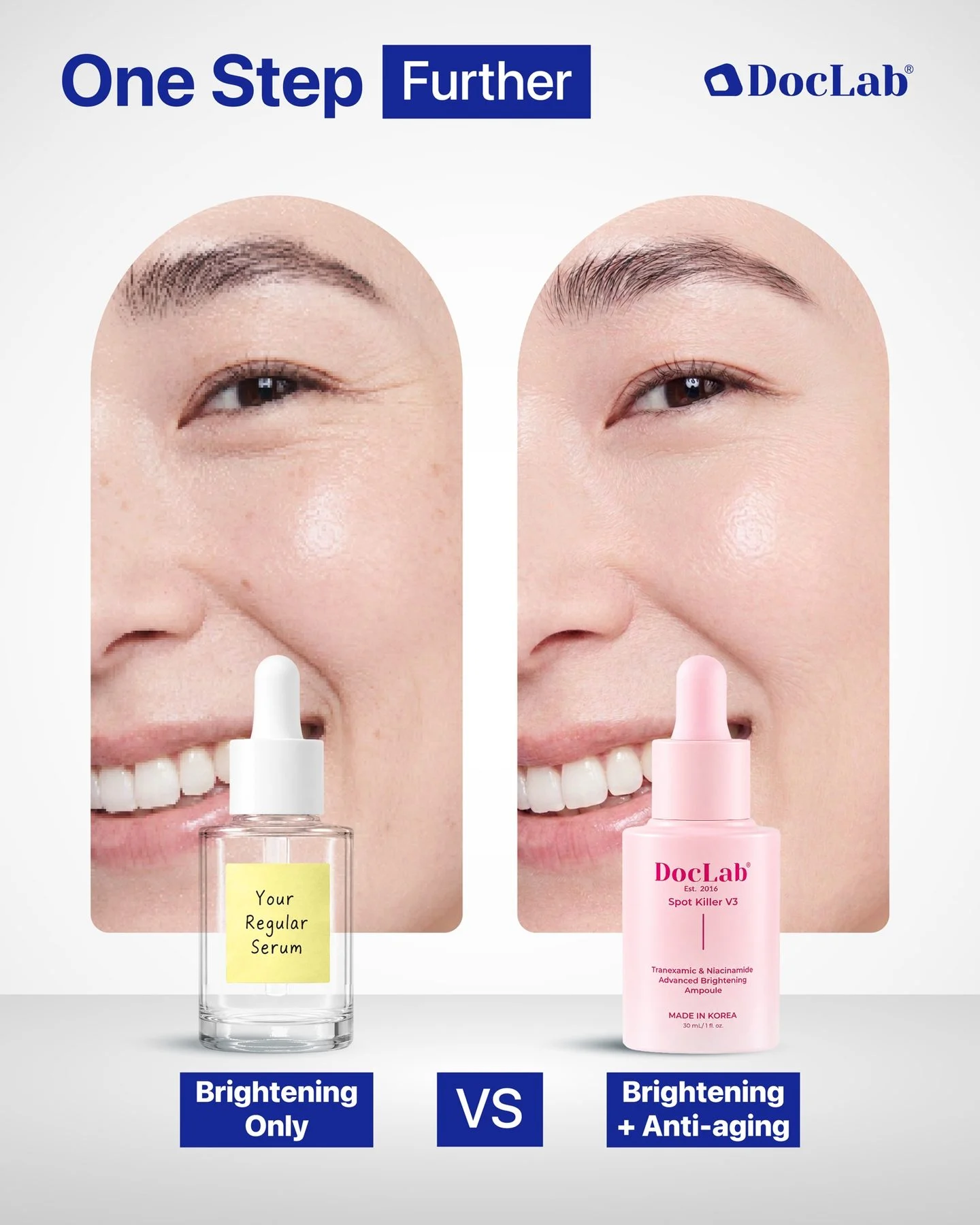 One step further. Your regular serum: brightening only. Spot Killer V3: brightening plus anti-aging.