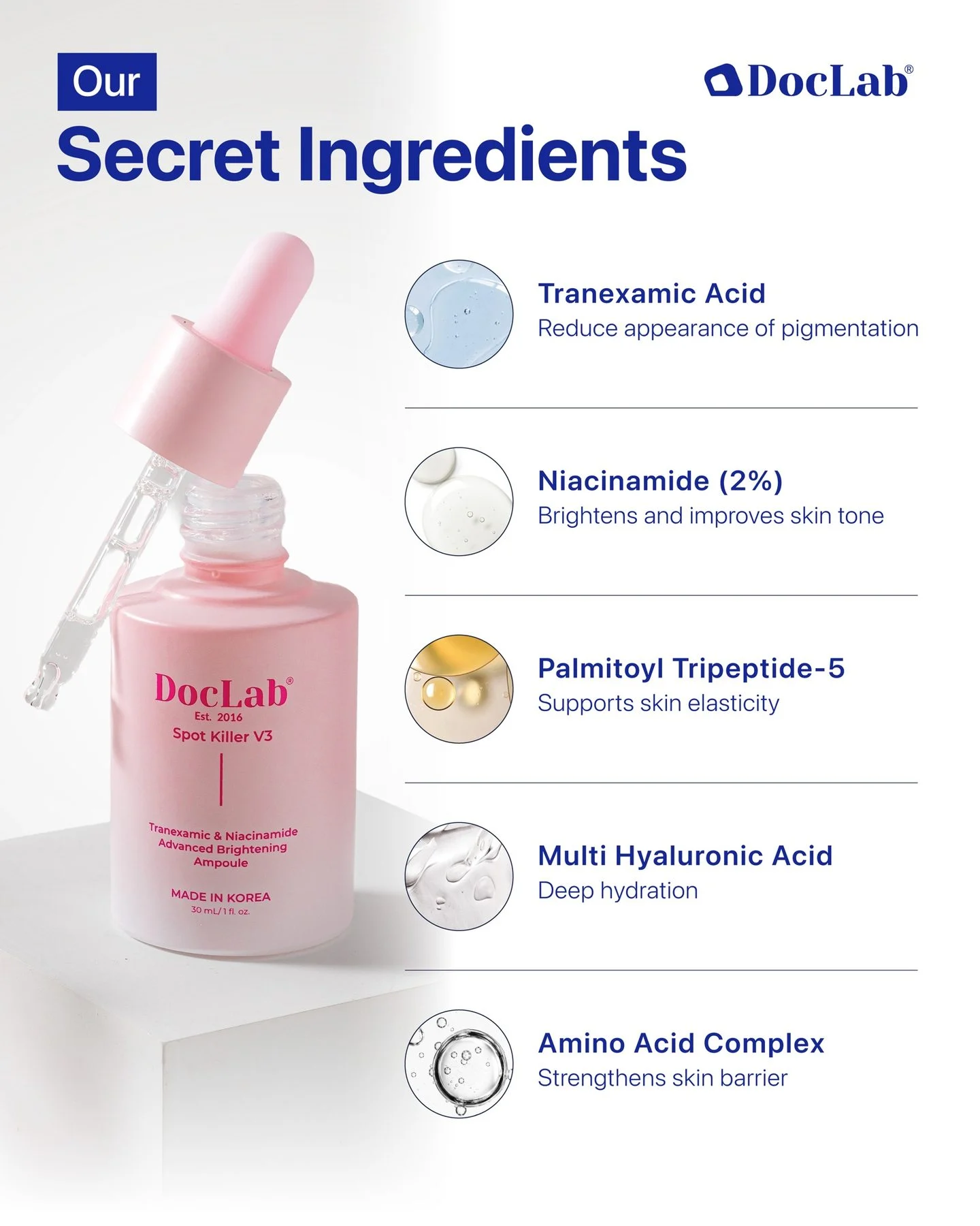 Our secret ingredients. Tranexamic acid: reduces the appearance of pigmentation. Niacinamide (2%): brightens and improves skin tone. Palmitoyl tripeptide-5: supports skin elasticity. Multi hyaluronic acid: deep hydration. Amino acid complex: strengthens skin barrier.