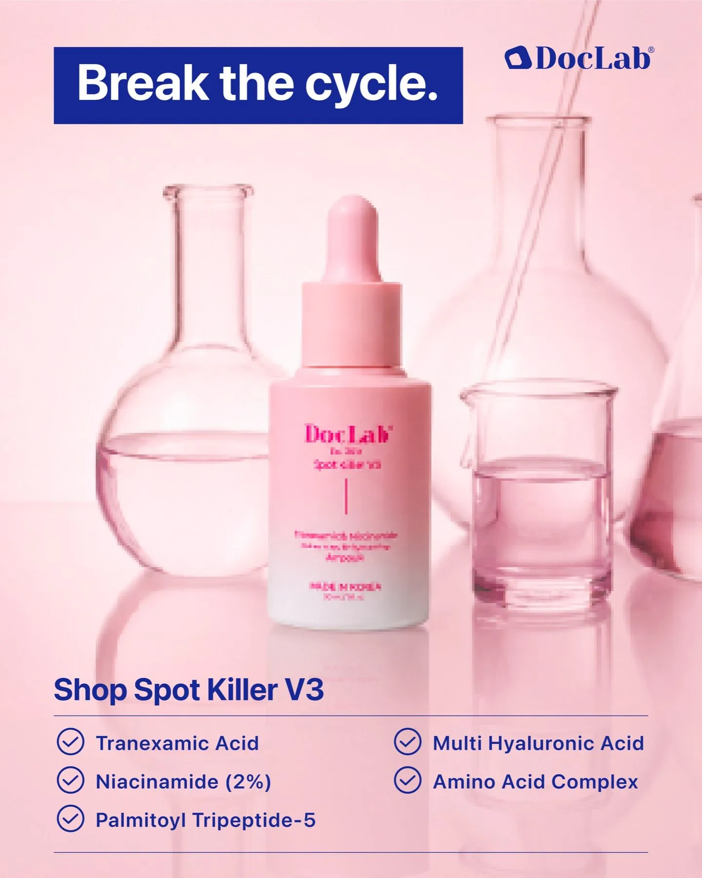 Break the cycle. Shop Spot Killer V3: tranexamic acid, niacinamide (2%), palmitoyl tripeptide-5, multi hyaluronic acid, amino acid complex.